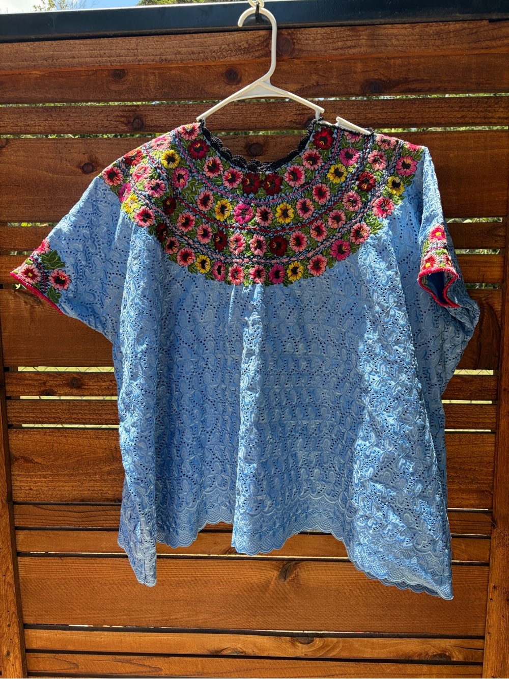 Embroidered Floral Yoke Blue Lace Women's Top from Guatemala